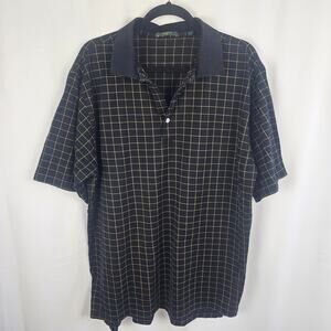 TOM JAMES Windowpane Polo Shirt Navy Gold Grid Luxury Mens XL Elevated Casual